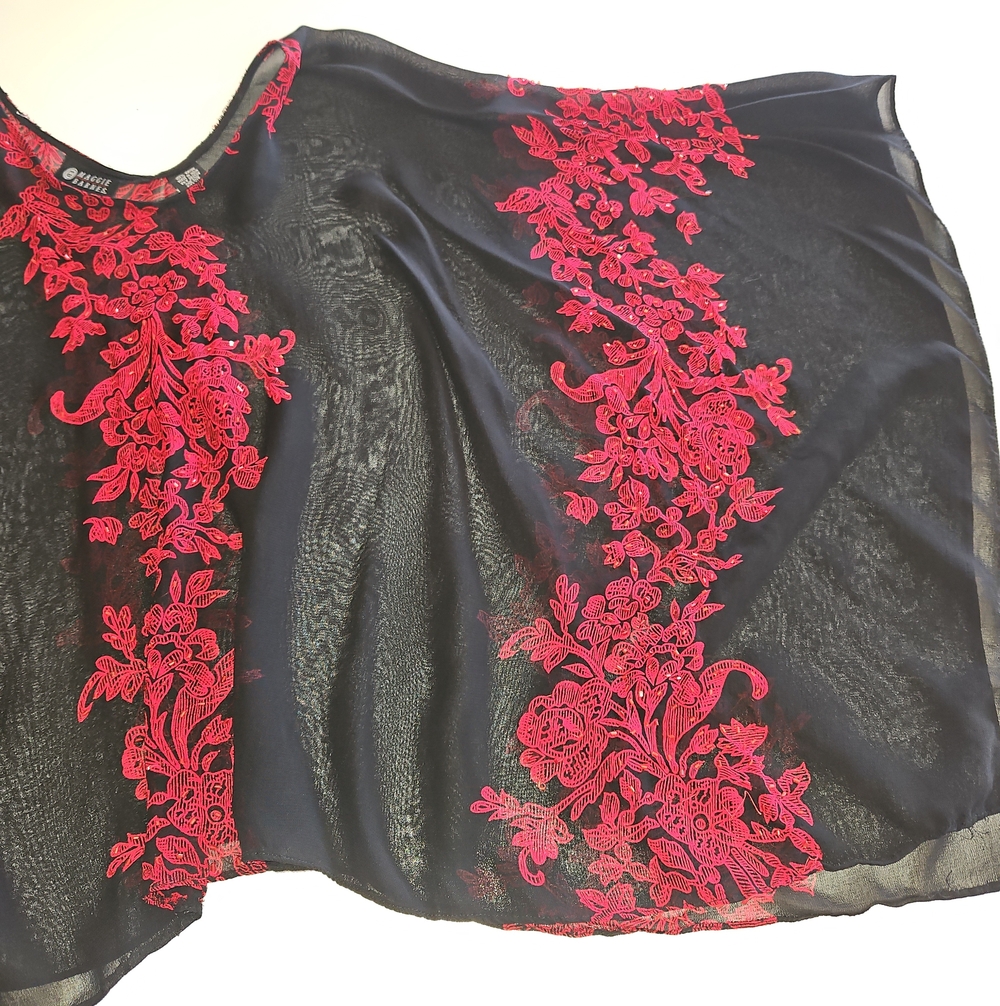 Maggie Barnes Black Sheer Poncho with Red Floral Embroidery - Picture 5 of 7